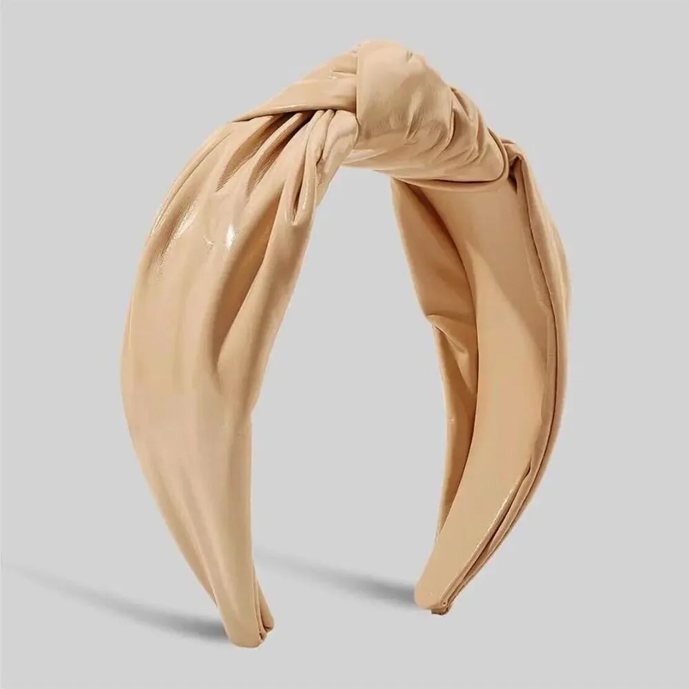 New Tan Faux Leather Women Hairband Wide Bow Knot Headband Hair Hoop Neutral